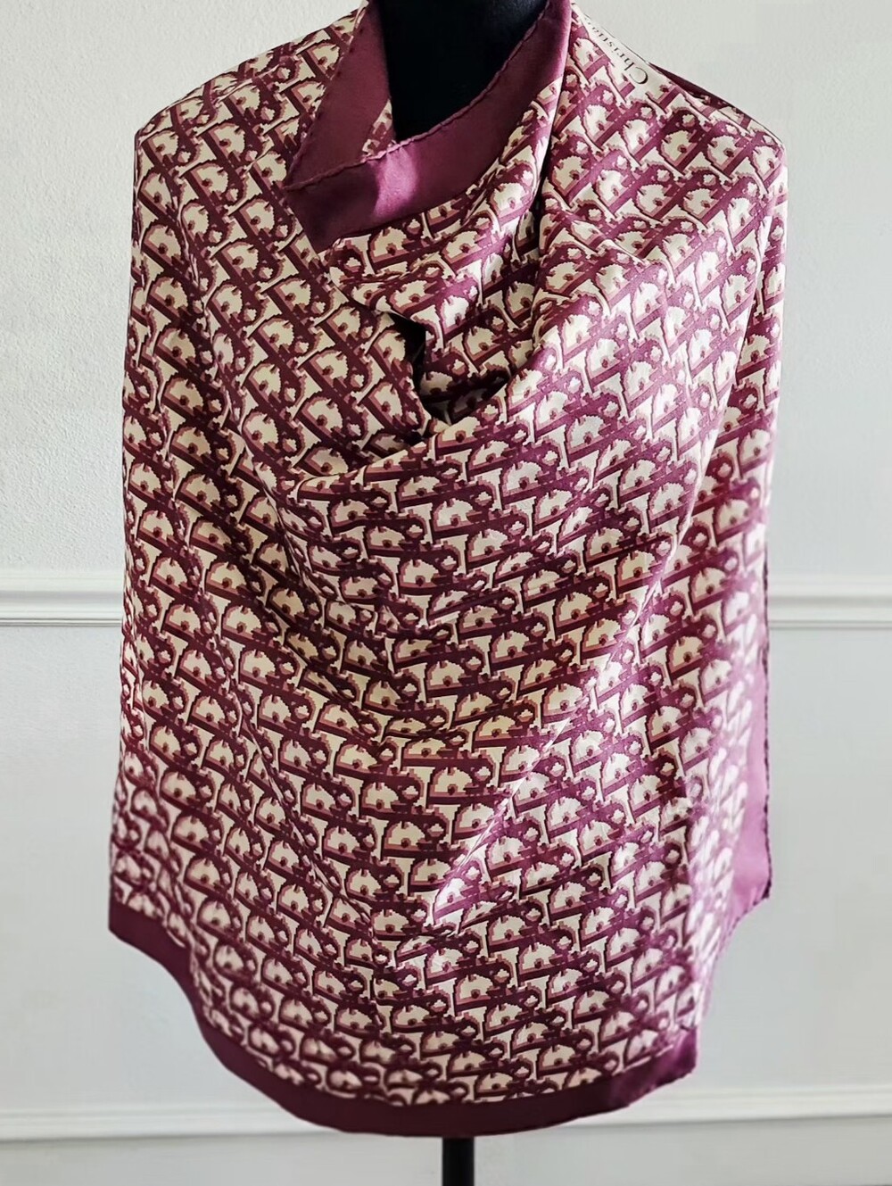 Christian Dior Burgundy & Cream Oblique Monogram Silk Scarf - Picture 3 of 7